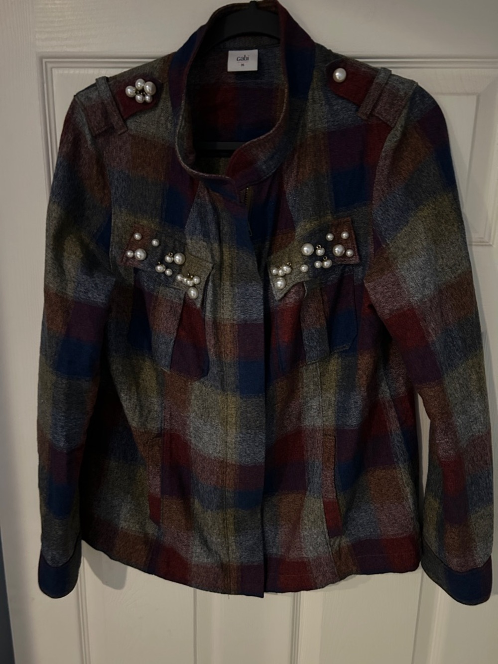 CAbi Plaid Pearl-Embellished Military-Style Jacket preppy academica quite luxury